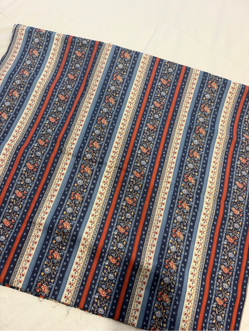 Striped Floral Cotton Fabric in Navy, Rust & Cream
